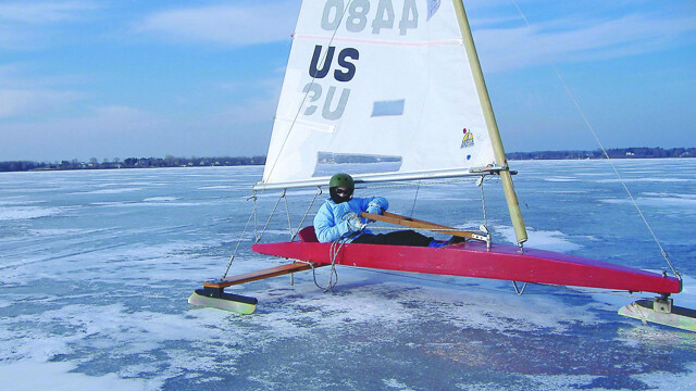 THE ONLY WAY TO TRAVEL ... ON FROZEN WATER. WHEN IT’S WINDY. Eau Clairians Dale and Erin Peters are avid ice boaters. Erin is shown above – the picture was taken in Madison, as ice boating requires smooth ice and Eau Claire waters are currently covered in hard snow.