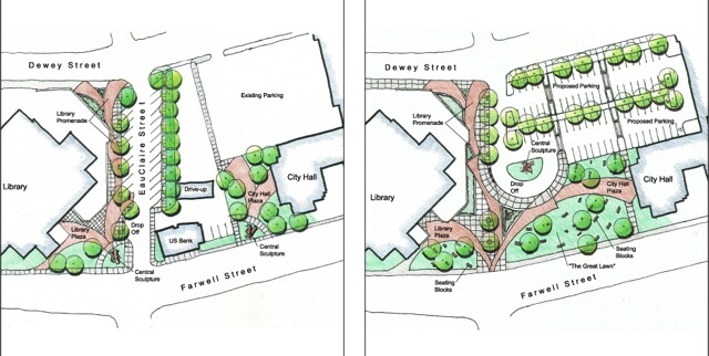 Above left: The “angled parking” option adds more parking, but stays mostly the same. Above right: The “plaza” design creates a town square with added amenities, parking, and space for events/gatherings.