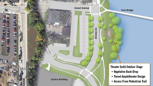Left: First Avenue and adjacent Chippewa River shoreline. Right: proposed outdoor amphitheater with overhauled riverbank and street reroutings. Click to embiggen.