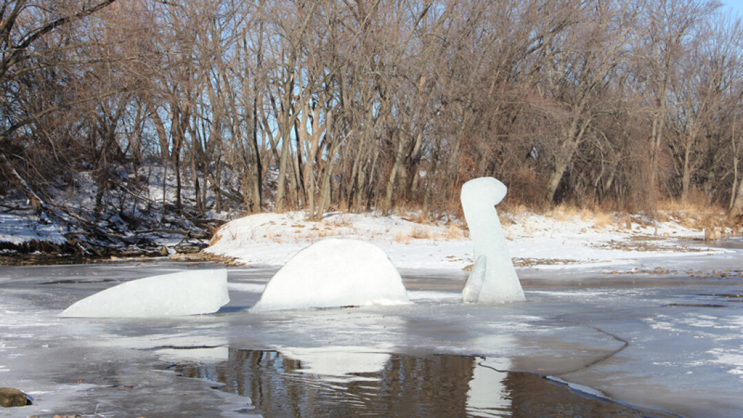 Attack of the Ice Nessie! Spotted on Wednesday, January 9, the “Loch Chip Monster” – the mysterious Nessie-shaped concrete sculpture that appeared last summer – returned to the Chippewa River for a brief time. This time made of the frozen water from which it rose.