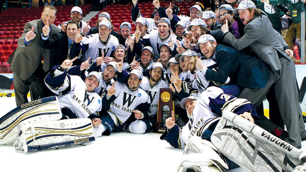 VISUAL PROOF THEY ARE NO. 1. The UW-Eau Claire men’s hockey team celebrates its NCAA Division III national championship March 16 in Lake Placid, N.Y.