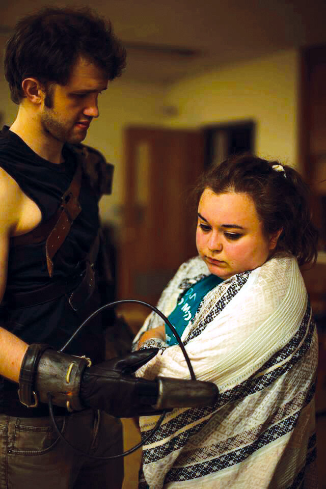 HE’S GOT THE TOUCH. Jake Pritchard and Zoë Jennings rehearse a scene from A Real Super Time, A Post-Superhero Play.