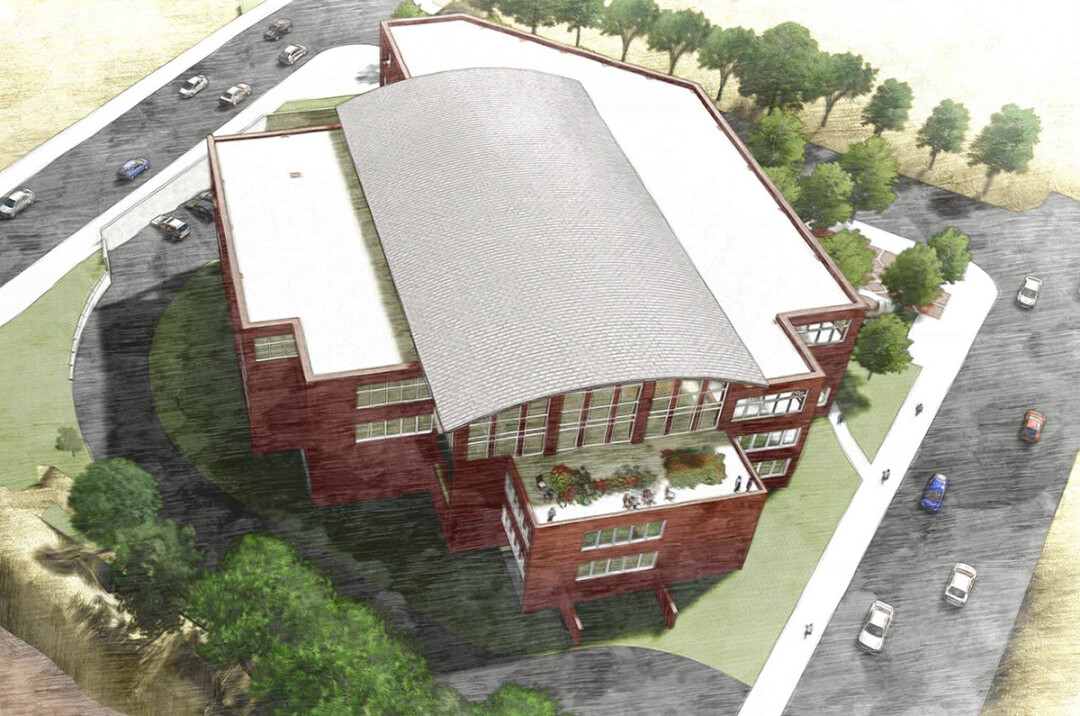 RAISING THE ROOF. This conceptual sketch shows what renovations to the L.E. Phillips Memorial Public Library – including the addition of a third story – could look like from the northwest (Farwell Street is at right).