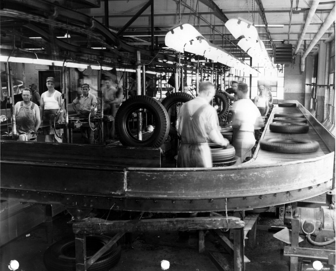 Workers on the inspection line at what was then called the U.S. Rubber Co. plant in Eau Claire in August 1947. Known variously as the Gillette, U.S. Rubber, and Uniroyal Goodrich plant, the factory produced tires from 1917 to 1992.