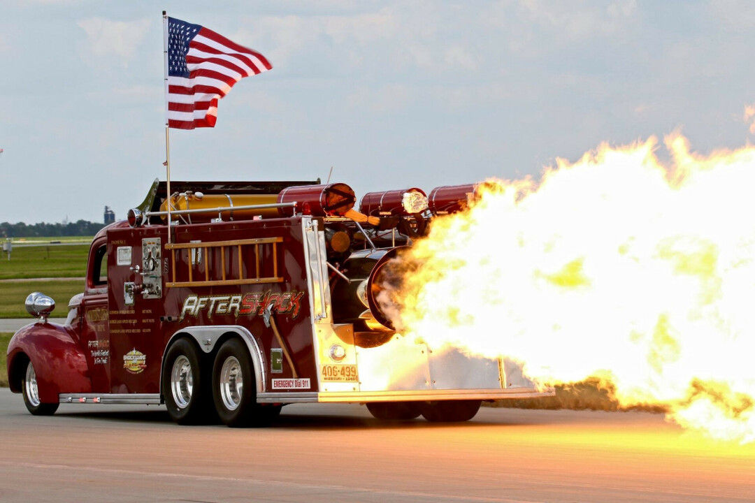 A FIRE TRUCK ON FIRE? This year the Big Rig Truck Show is bringing in the AFTERSHOCK Jet Truck. (Photo via 