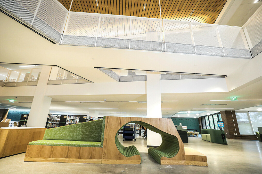 The unusual sculpture/seating area is part of the Headwaters area on the first level.