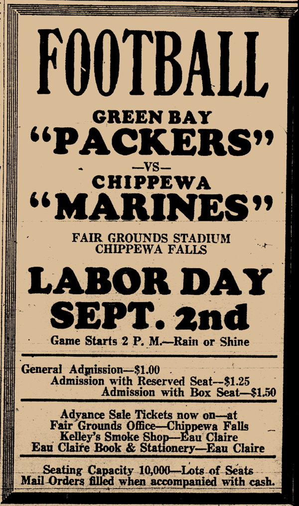 Ads like this one in the Eau Claire Leader touted the battle between the Packers and the local squad.