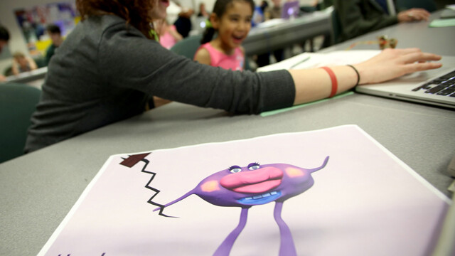 Hooky the monster was created by Marya and animated by UW-Stout student Kayla Nyre