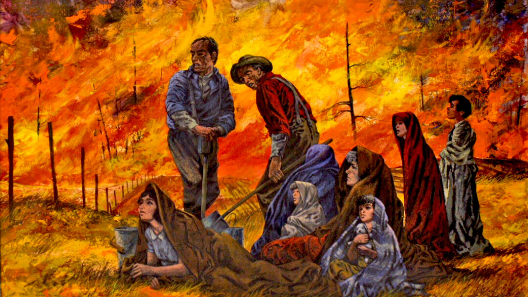 'Peshtigo Fire I: Refuge in a Field'  Painted by Mel Kishner (1915-1991).