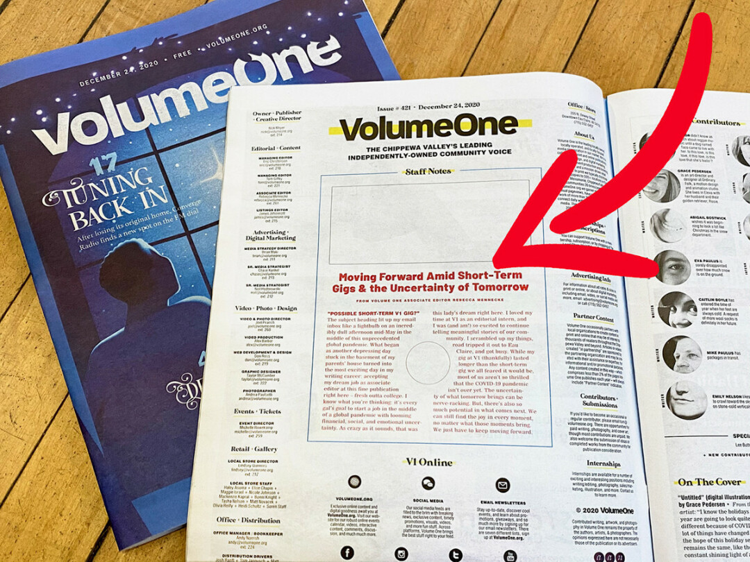 WHOOPS! You may have noticed a few weird mistakes in the new print issue of Volume One, such as this red dummy text and blank spot for a photo on page 4.