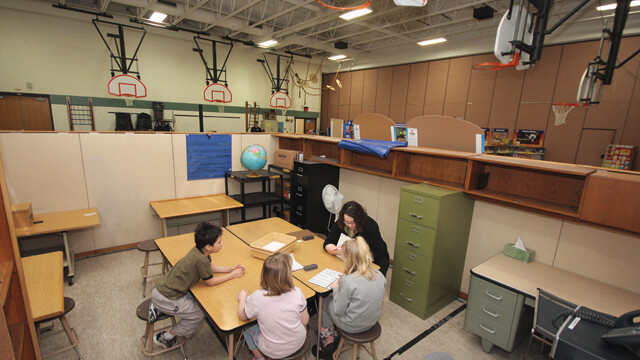 CUBICAL CLASSROOM. If the April 5 referendum passes, the funds would go toward situations like this one at Sherman Elementary, where they’ve had to make a classroom within the gym.