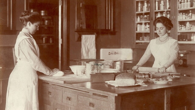 “Just think, Elsa – one day our culinary toils will be immortalized in a downloadable PDF.” Students prepared food in a UW-Stout class in the early 1900s.