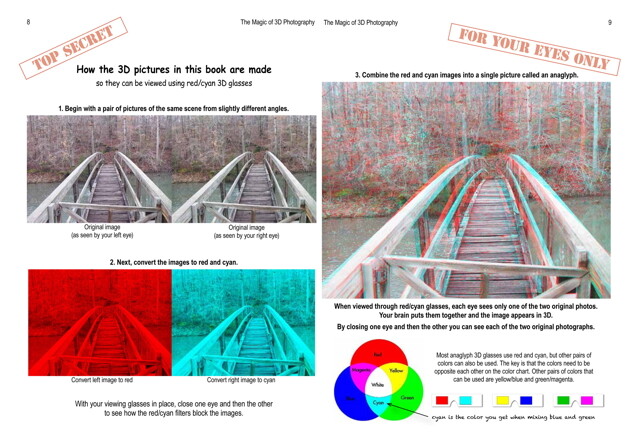 How to make 3D: 1) Take an image from slightly different angles to represent your eyes (above). 2) Convert one to red, and another to cyan (below). 3) Combine them to create a 3D anaglyph (not pictured)