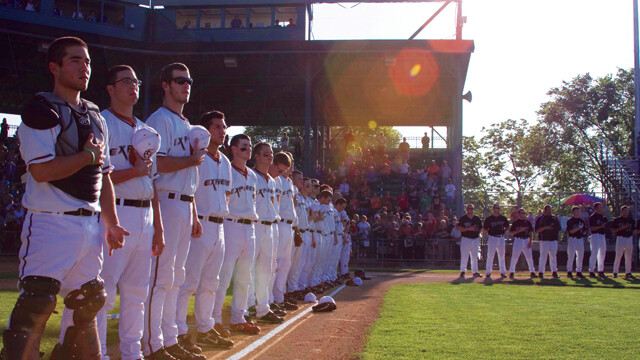 Don’t these fine young men deserve a song? Anthem time at an Eau Claire Express game in Carson Park.