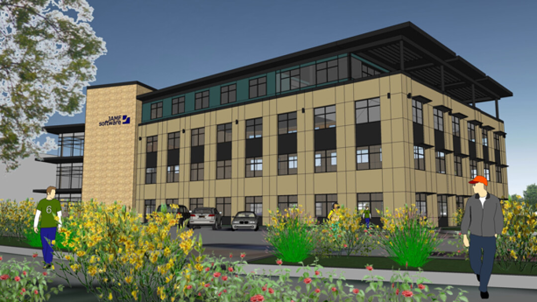 A rendering of the new building JAMF Software hopes to occupy by the end of 2014. In February the company announced plans to build in the Phoenix Park neighborhood, right next to RCU. The move will give them room to grow, which they’ll need – they nearly doubled their number of employees internationally in 2012, from around 90 to 171. Of those, 90 employees are in the Eau Claire branch, and projections put that number at 125 by the end of this year.