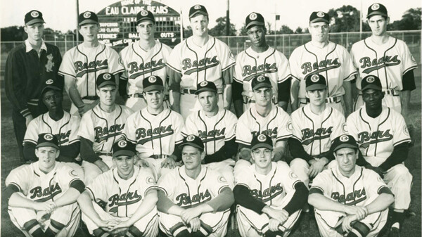The 1952 Eau Claire Bears roster featured three African-American players: the legendary Hank Aaron (middle row, far left); William Julius (“Julie”) Bowers (middle row, far right); and John Wesley (“Wes”) Covington (back row, third from right). This photo, courtesy of the Chippewa Valley Museum, is available as a poster at The Local Store at 205 N. Dewey St., Eau Claire.