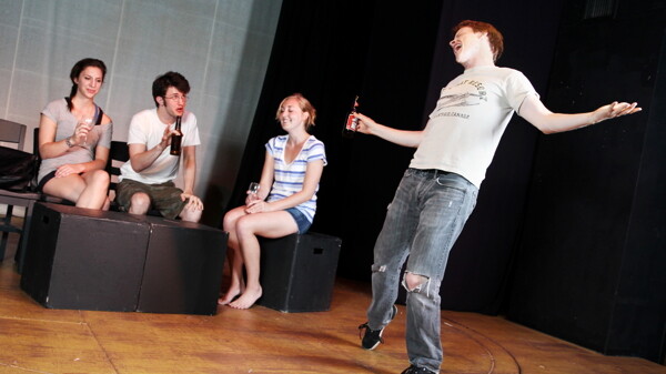 “THIS ROOT BEER IS REALLY KICKING IN!” The cast of Downstage Left’s production of The Shape of Things.
