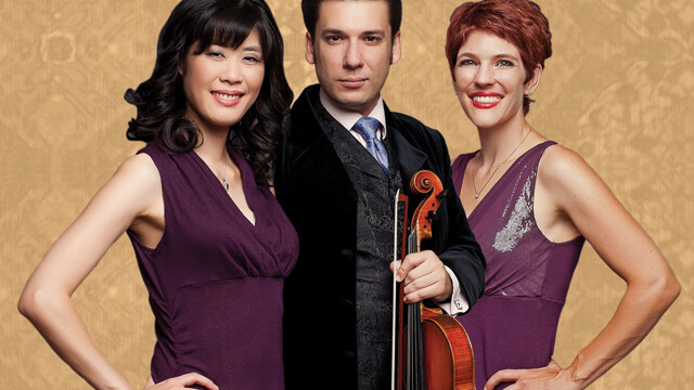 CLASSICALLY DRESSED. The Chiaroscuro Trio includes two UW-Eau Claire faculty members, violist Aurélien Pétillot, center, and vocalist Elizabeth Pétillot, right, as well as pianist Yuko Kato.