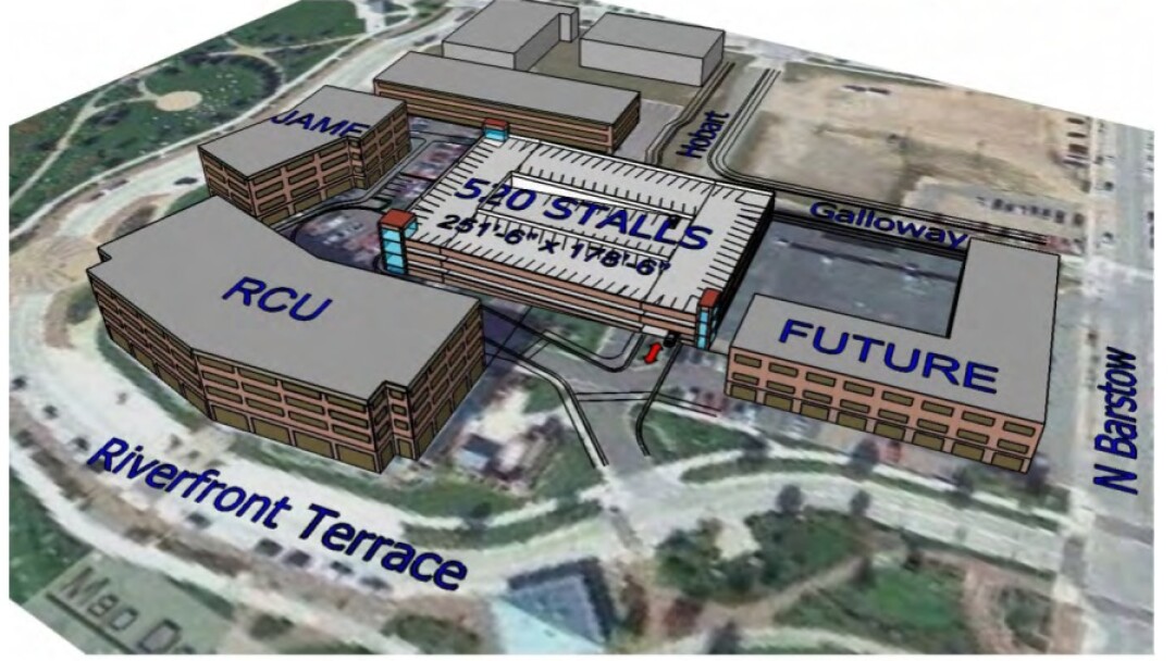 This is one of two designs for a downtown parking ramp considered by the Eau Claire City Council. The other option, which is estimated to cost slightly more, would be shorter, longer, and set farther to the east. (The building at the lower right labeled “future” stands where the post office does now.)