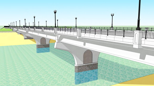 A SPAN WITH A PLAN. A conceptual drawing of the new Water Street bridge includes decorative pedestals, balusters, and arch-like elements.