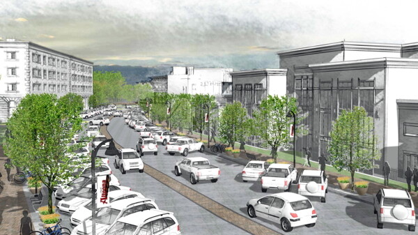 IN THE FUTURE, ALL CARS WILL BE WHITE. This image by Ayres Associates shows what the “main street” in Altoona’s River Prairie Town Center could look like.