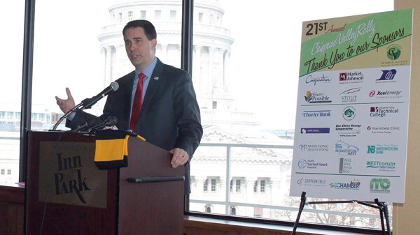 MAIN full horiz - walker at CV rally.jpg 2015-02-03 22:59:24 Gov. Scott Walker told a delegation from the Chippewa Valley Jan. 28 that the state budget will include $15 million for the Confluence Project.