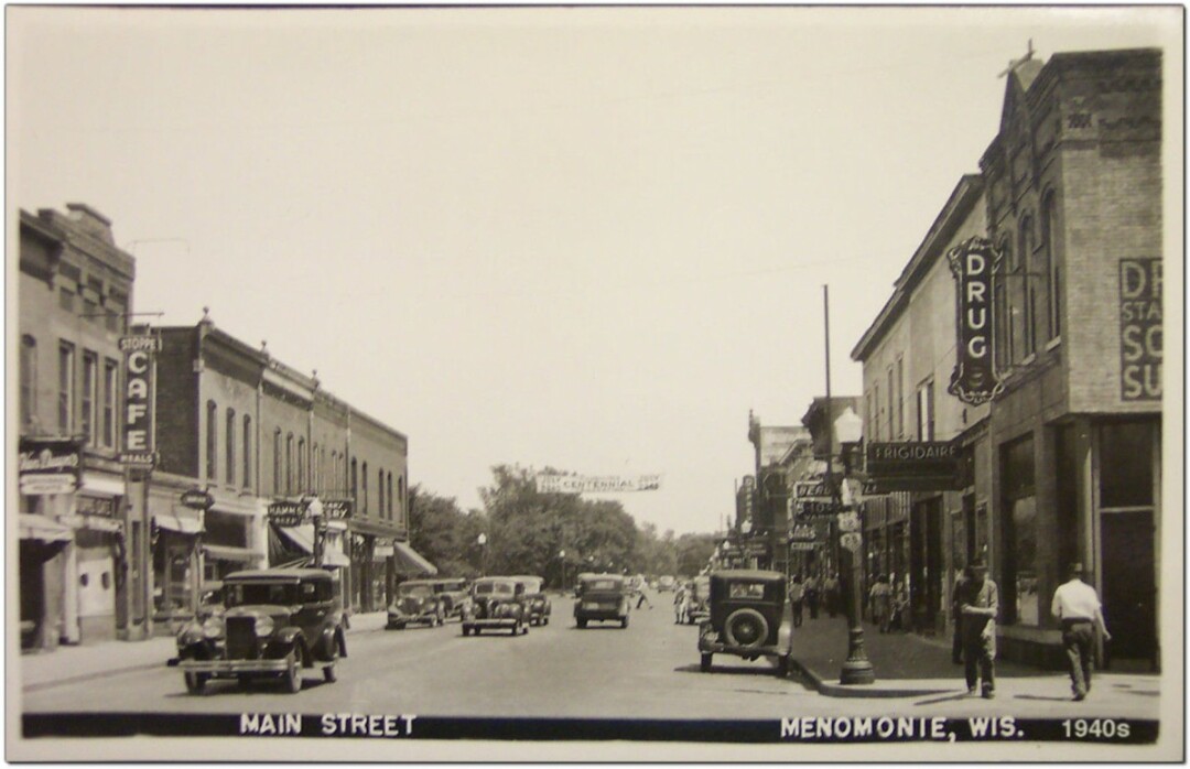 HEY, THAT LOOKS FAMILIAR. David Tank’s new book, Postcards from the Past, features historic postcard photos of Menomonie – like the 1946 image above looking east from the intersection of Main and Fourth streets – juxtaposed with present-day pictures of the same scenes.