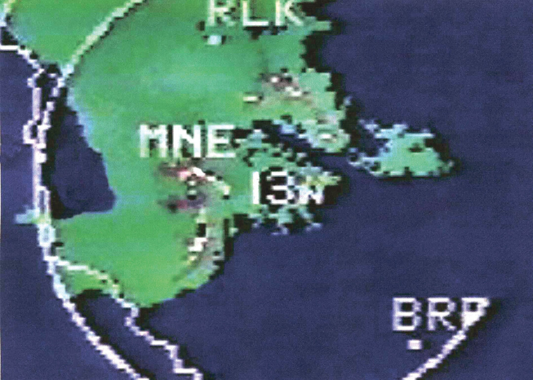 This vintage radar image from WEAU-TV shows the spearhead-shaped storm as it swept across the region.