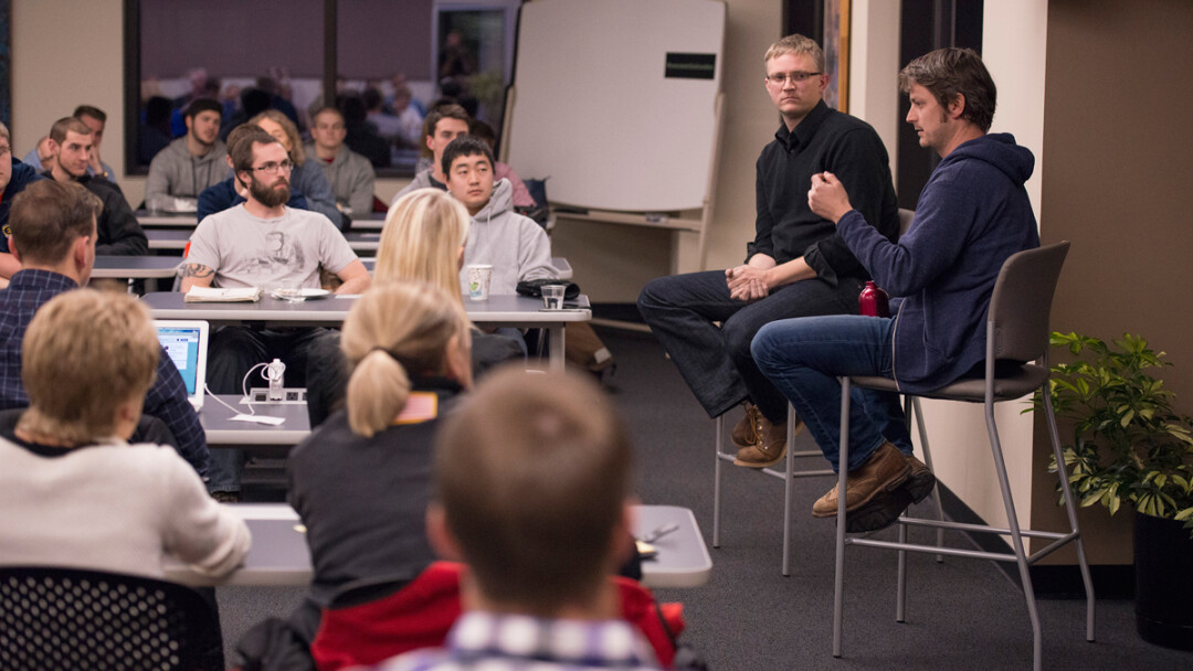 JAMF Software co-founder Zach Halmstad (right) and Volume One co-founder Nick Meyer (left) speak to UW-Eau Claire students and faculty about how their companies started, how they’ve evolved, and the growing environment for innovation in the Chippewa Valley. The event, titled Start-Up Stories, was produced by UW-Eau Claire’s Entrepreneur Program.