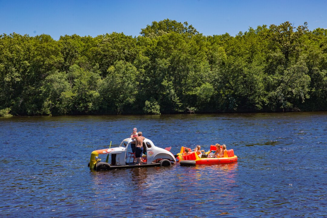 RAFT CRAFT AIN’T DAFT. The Chippewa River set the stage for another legendary FATFAR (Frenchtown Annual Tube Float and Regatta) on June 26, starting in Chippewa Falls and ending ... wherever floaters hit shore. (Bonus points if you can spotted the lederhosen above.)