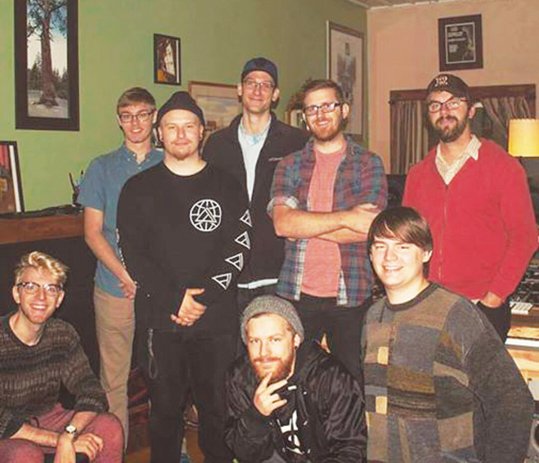 AUDIO CLUBBIN’. Pine Hollow Studio owner Evan Middlesworth (standing, far right) welcomed UW-Stout’s Music Production Club into the studio for a two-day workshop.