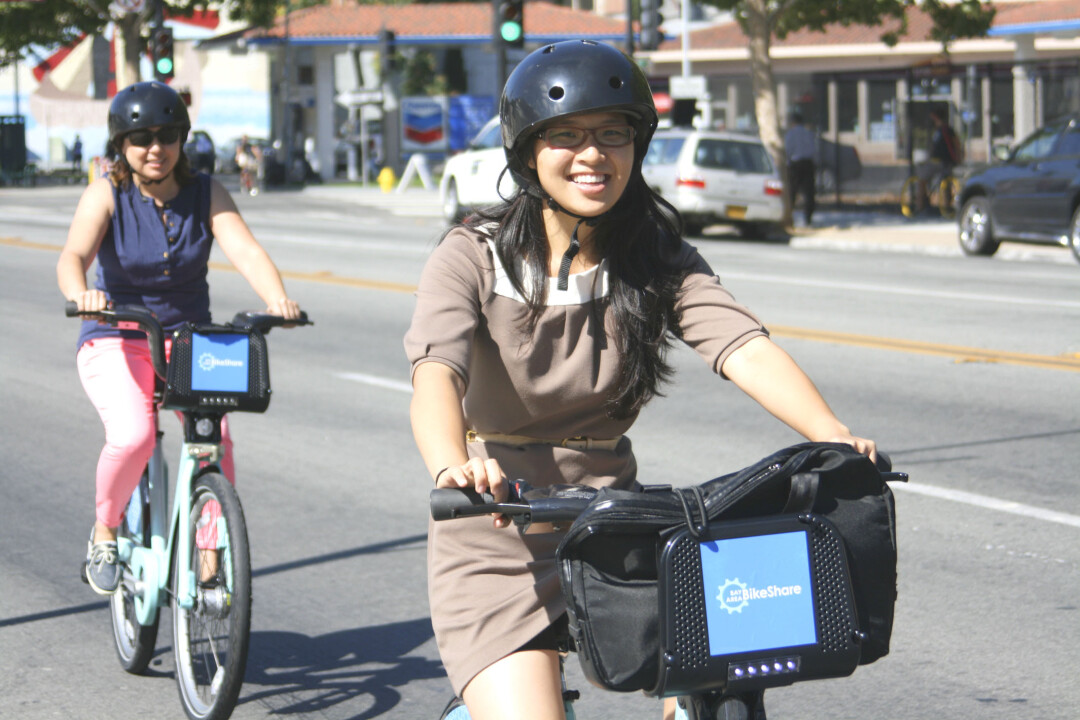 PEDAL PUSHERS. Women ride bikes available through a bike share system in San Jose, California. Many cities large and small now have bike share programs that allow riders to temporarily rent bicycles. RICHARD MASONER/CREATIVE COMMMONS