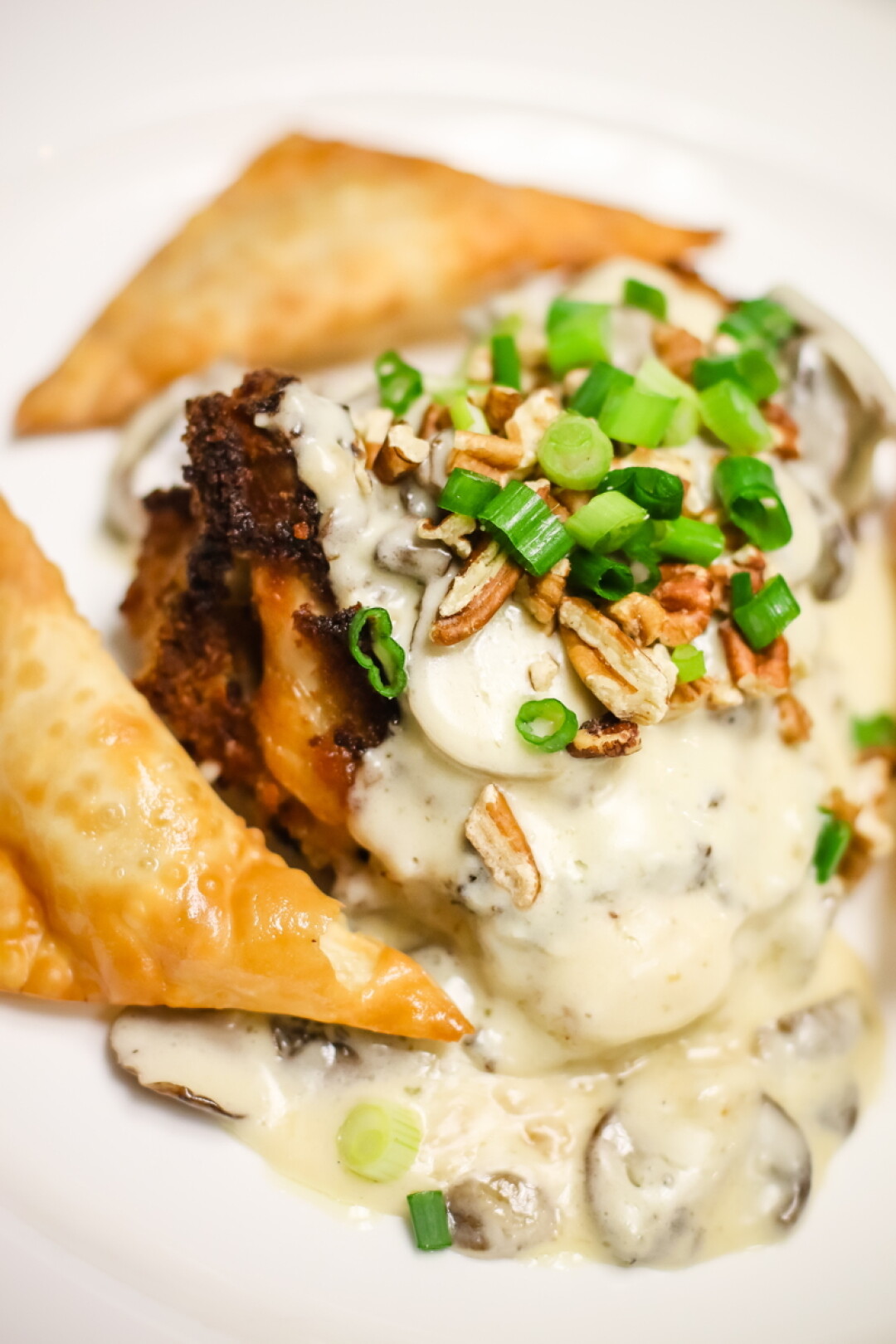 Panko encrusted chicken pecan with  wild mushroom brandy cream sauce