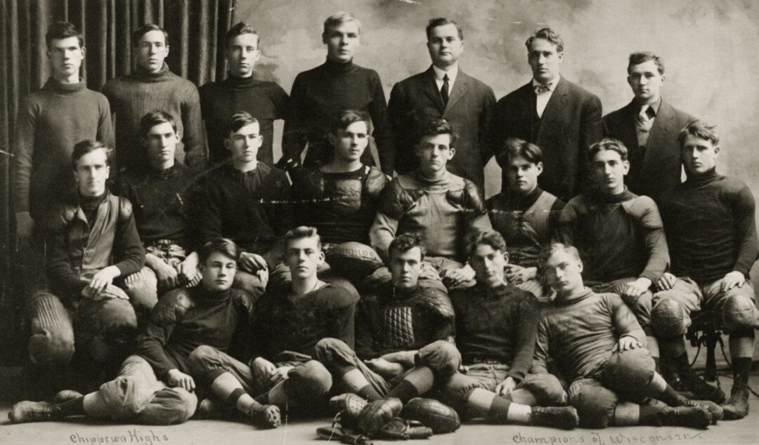 BOUND FOR GRIDIRON GLORY. The 1909 state champion football team from Chippewa Falls Senior High School. Gus Dorais is in the middle row, fourth from right. (Images: Chippewa Area History Center)