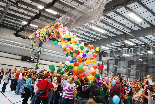 The balloon drop at the Indoor Sports Center.