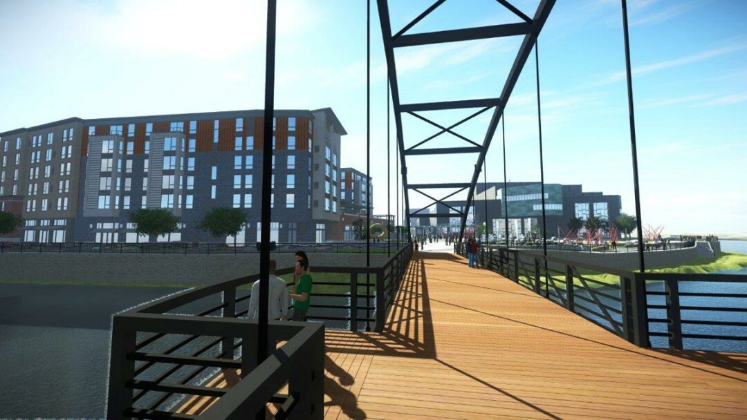 IT’S HAPPENING! This artists’ rendering shows Haymarket Plaza looking across the Eau Claire River from Phoenix Park. The Pablo Center is in the background.