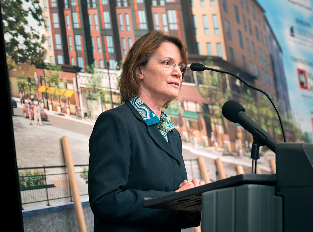 Then-Eau Claire City Council President Kerry Kincaid spoke in November 2014 at a groundbreaking ceremony for the Haymarket Landing, the privately-funded, mixed-used component of the Confluence Project in downtown Eau Claire. Kincaid, who resigned in June, said such public appearances were an important part of her role as council president.