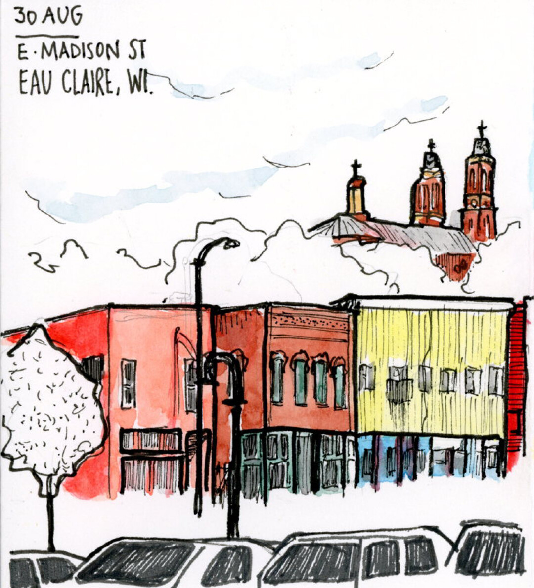 SNEAKING AROUND DOWNTOWN. Artist Nishant Jain has created numerous “Sneaky Art” pen-and-ink sketches of Eau Claire people and scenes. Now he’s compiled them in a book, Sneaky Art of Eau Claire.