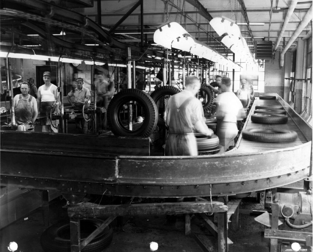 Workers labor on the inspection line at what was then called the U.S. Rubber Co. plant in Eau Claire in August 1947.