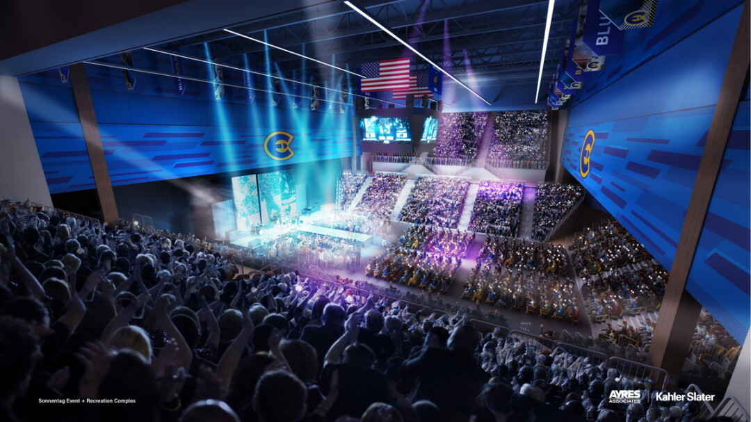 This artist’s rendering shows a concert at the proposed Sonnentag Center, which UW-Eau Claire intends to build to replaceme Zorn Arena. Visit Eau Claire and the City of Eau Claire are exploring how the community can partner with UWEC to increase the facility’s size to accommodate more large-scale events. (Image: UWEC / Ayres Associates + Kahler Slater)