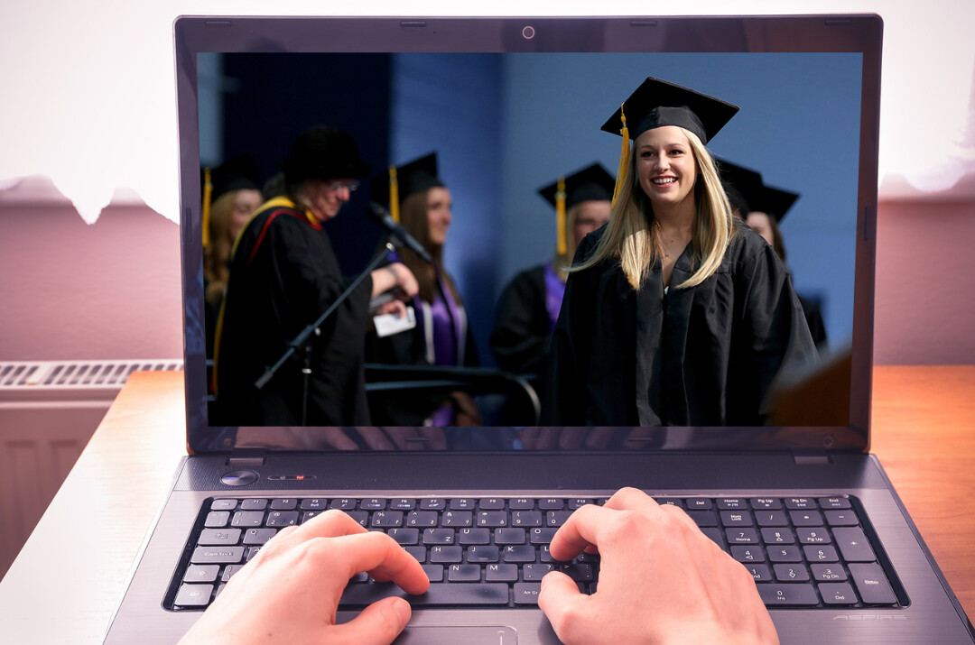 UW-Stout's spring commencement will be an all-virtual affair this year. (Photo illustration by Volume One staff)