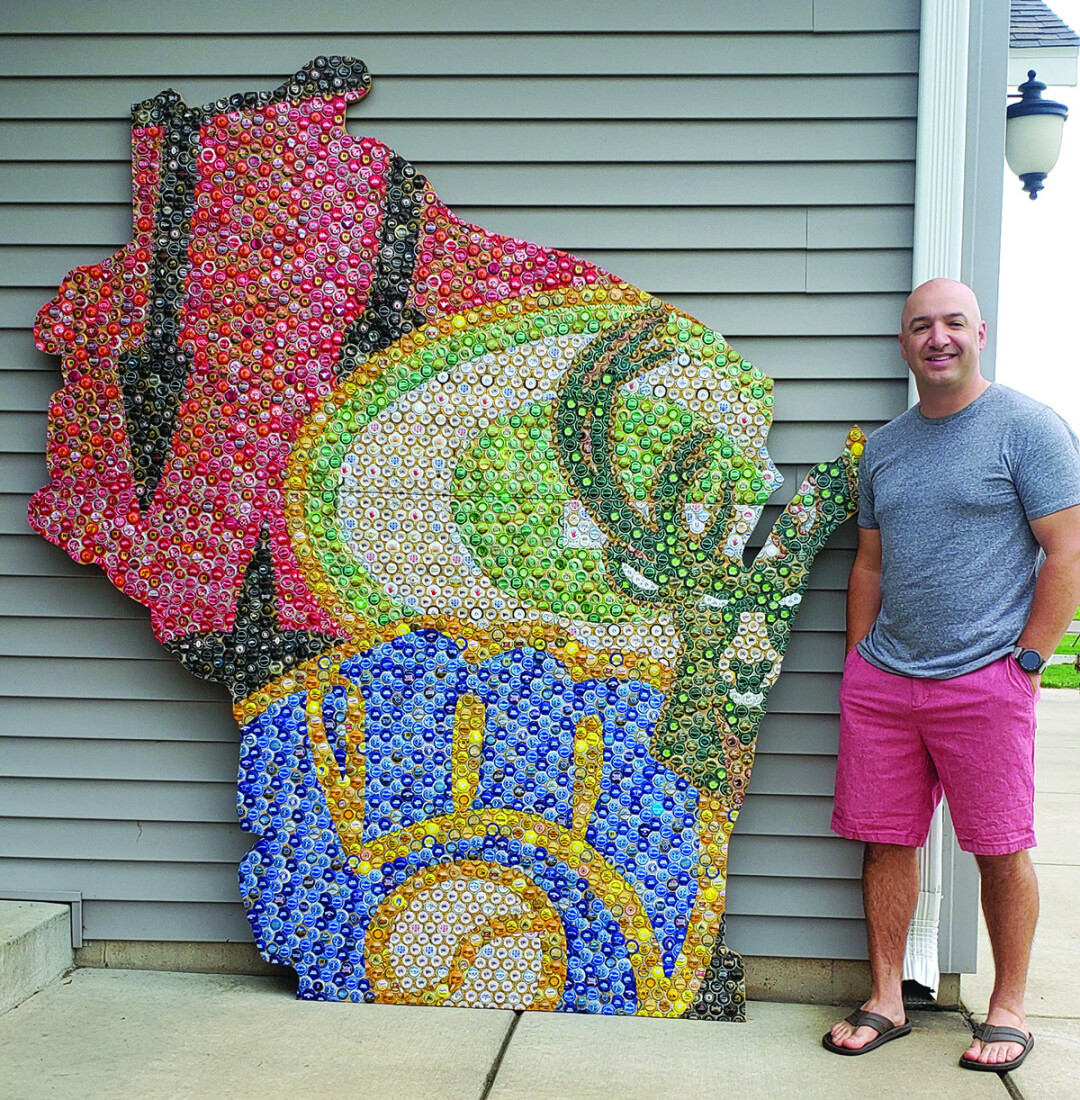 Paul Jerrett with his bottle cap mosaic, perhaps the most Wisconsin thing imaginable.