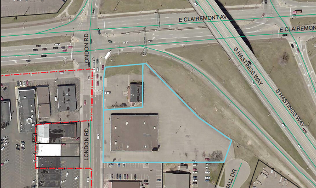 The proposed construction sites are outlined in blue: The smaller would be Panda Express, the larger would be Associated Bank.