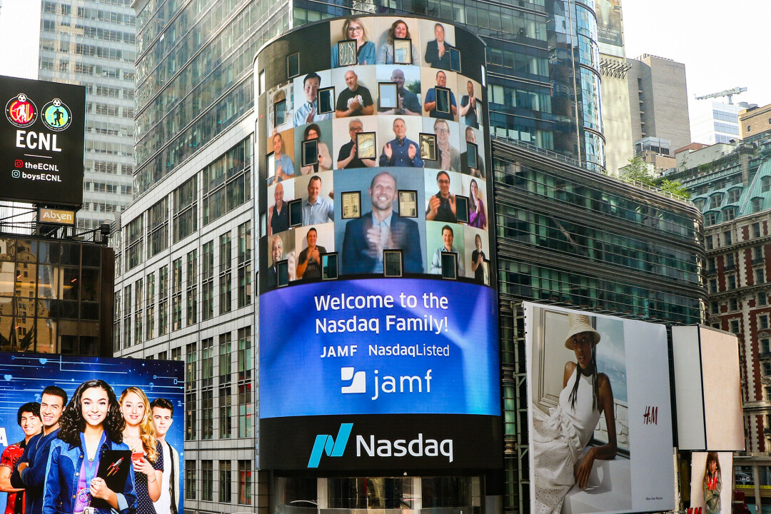 IF YOU CAN MAKE IT THERE, YOU'LL MAKE IT ANYWHERE. Jamf employees virtually celebrated the company's IPO Wednesday morning on Nasdaq's digital billboard overlooking Times Square in New York. (Submitted photo)