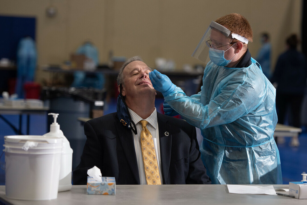 UW-Eau Claire Chancellor James Schmidt received an antigen test for COVID-19 this week on campus similar to what all students in residence halls at UW-Eau Claire will undergo on a rotating schedule. The chancellor's test was negative.  (UWEC photo)