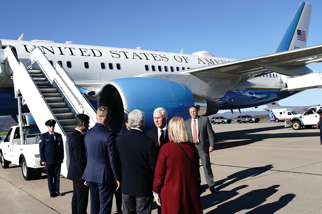Vice President Mike Pence disembarks from Air Force Two during a stop in Pennsylvania last year. (