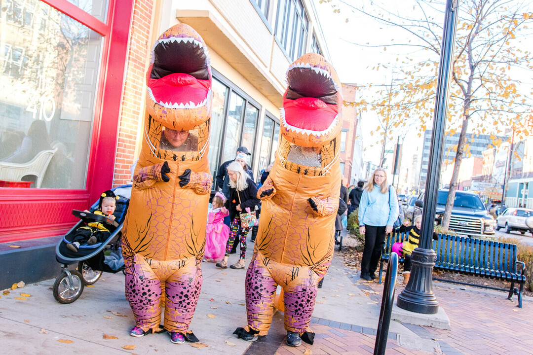 Downtown Eau Claire either during the Jurassic Period or on Halloween in 2018.
