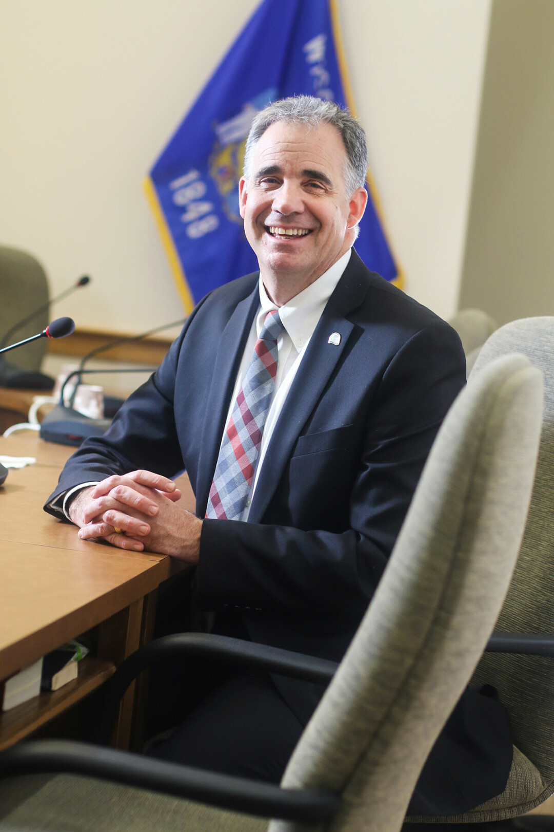 Eau Claire City Manager Dale Peters sits in the council chamber inside City Hall.