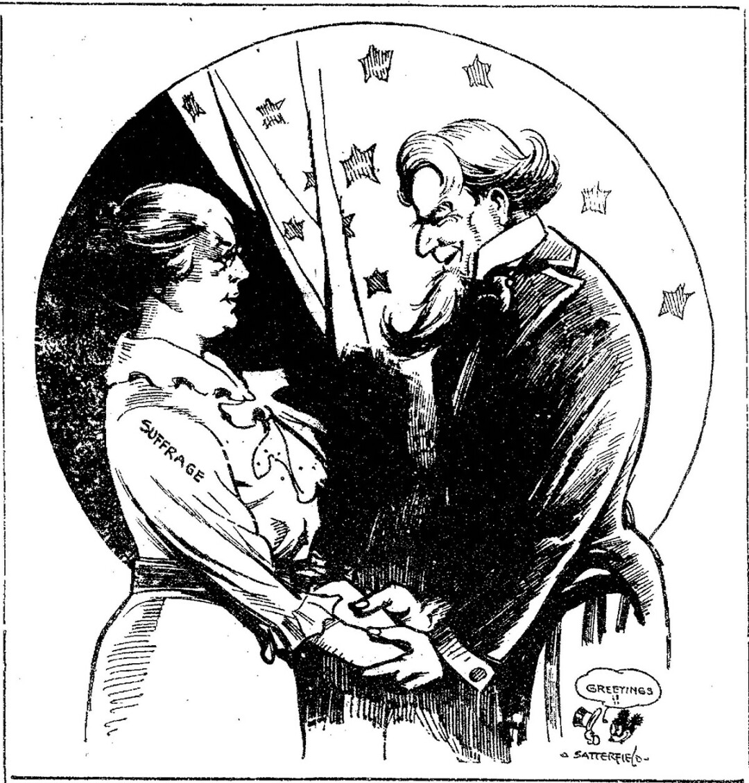 The Eau Claire Leader published this political cartoon after the final state needed ratified the nineteenth amendment. Eau Claire Leader. August, 1920. 