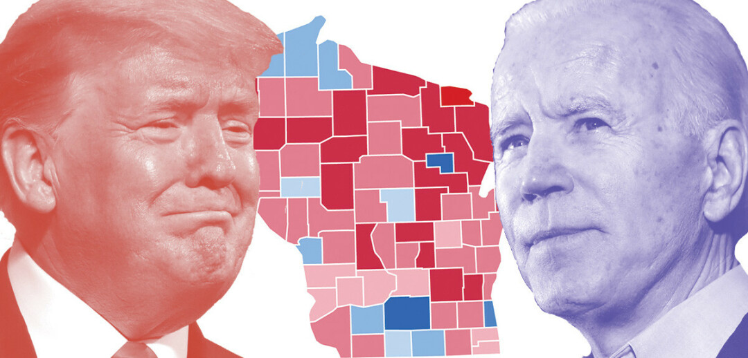 SWING STATE. The presidential race between Donald Trump and Joe Biden is tight in Wisconsin. The map shows how the state's counties voted in the 2016 matchup between Trump (red) and Hillary Clinton (blue)